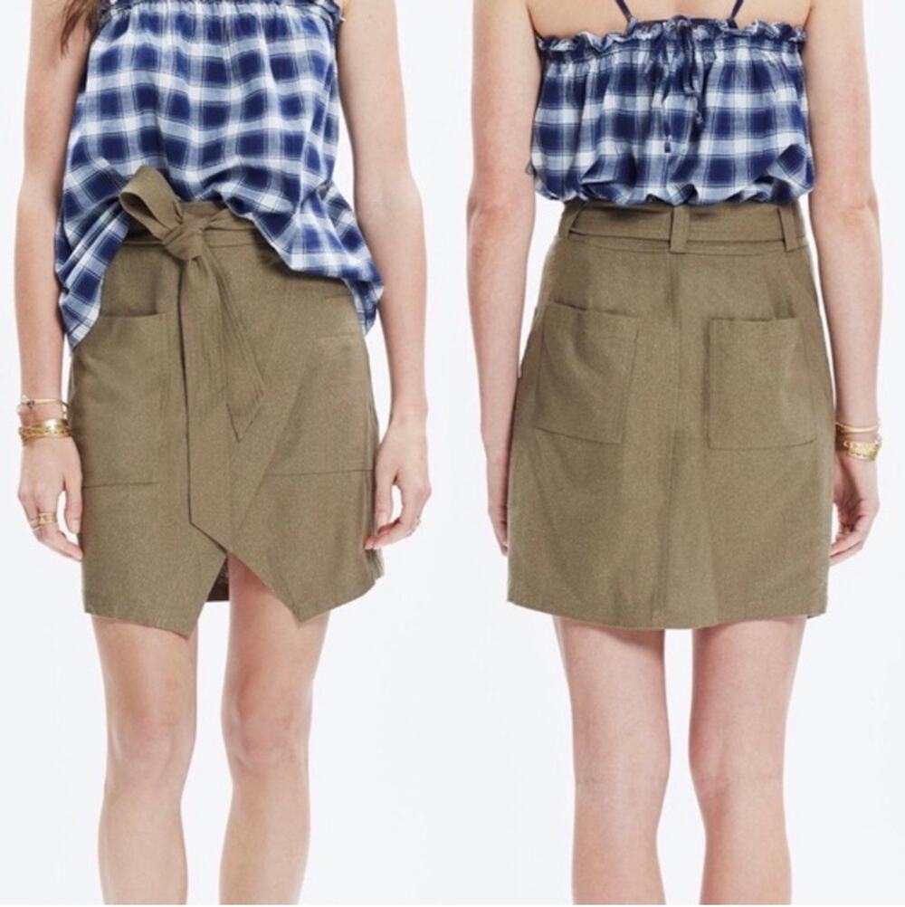 Madewell Portside Faux Wrap Silk Skirt Women's Olive Green Knee Length - Size 8 - Picture 1 of 10